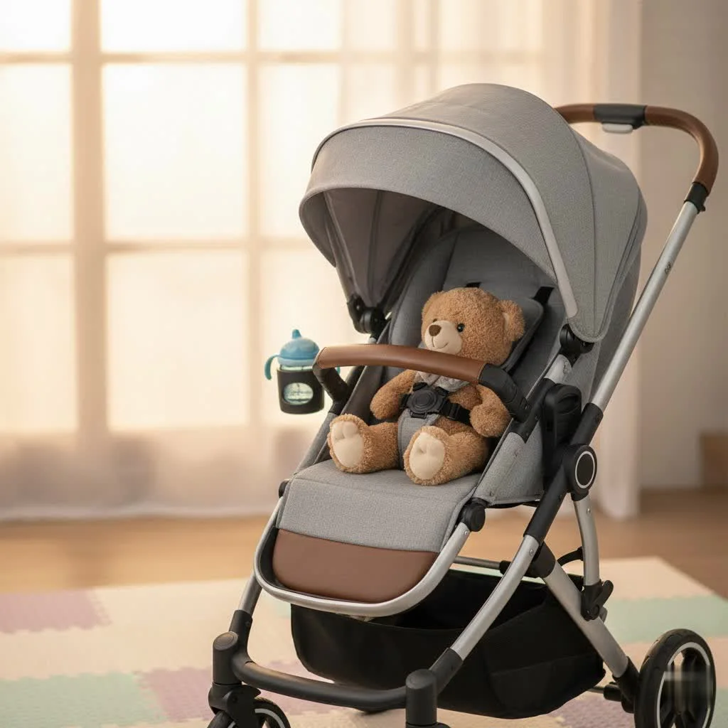 Baby stroller in a park with a child