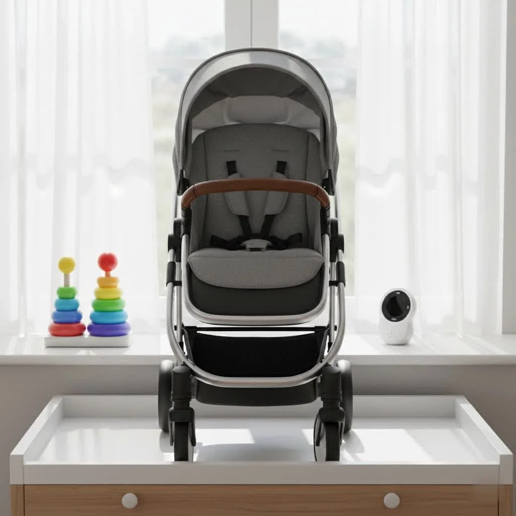 Silver Cross stroller with a baby in a park