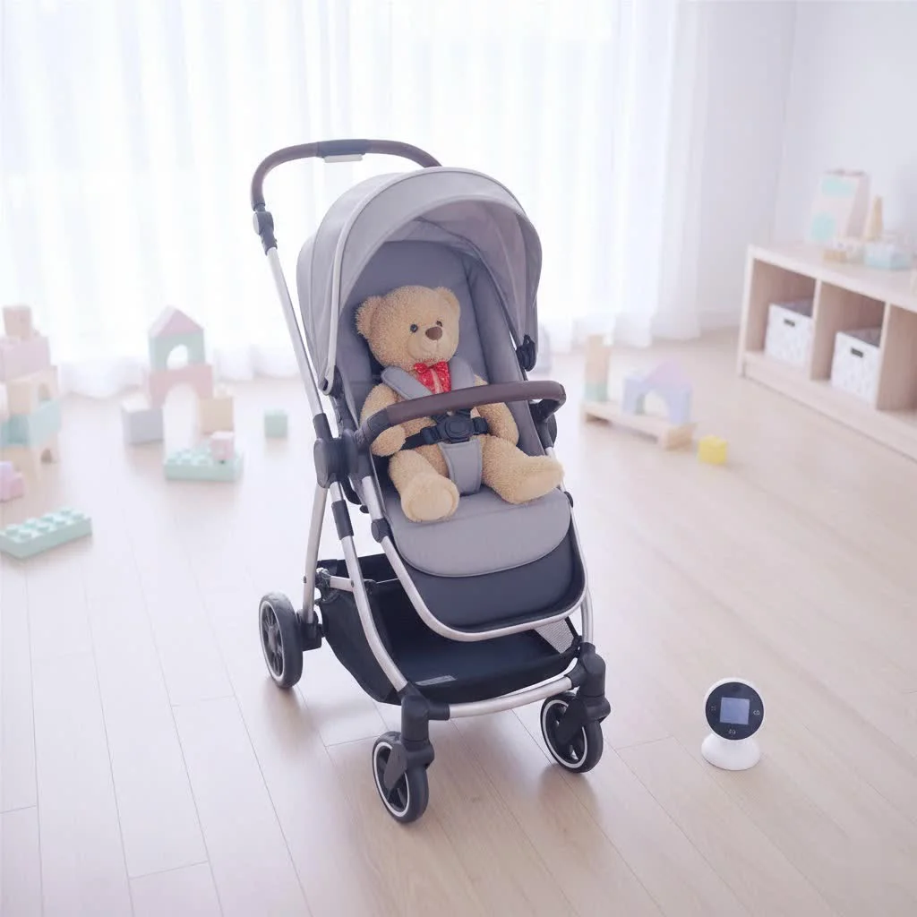 Toddler in a stroller with parents