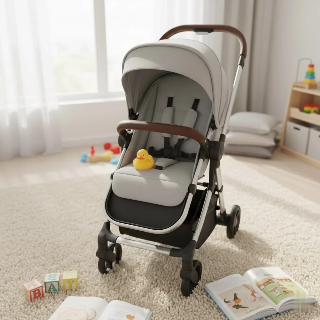 Parent folding a lightweight travel stroller